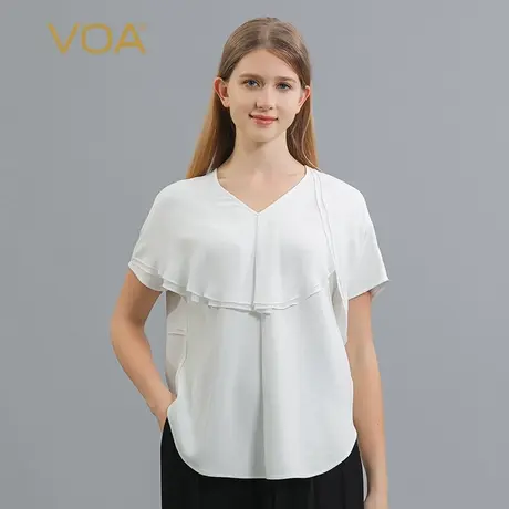VOA60姆米长空桑蚕丝白V领立体装饰拼接乔其丝绸连肩短袖真丝T恤图片