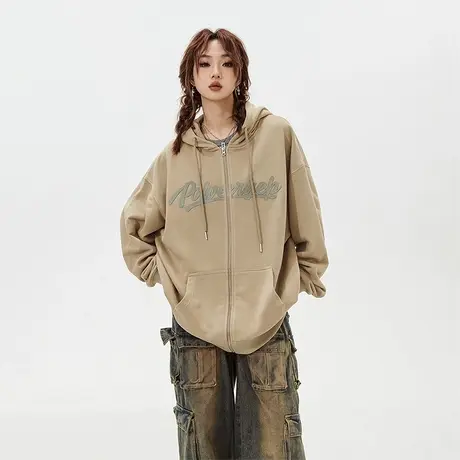 YEP美式开衫连帽卫衣女春秋2023年新款复古宽松oversize潮牌外套商品大图