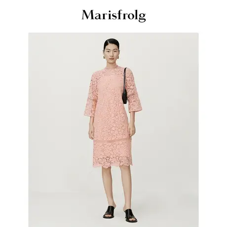【都市通勤】玛丝菲尔2023年夏季新款粉色纯棉镂空提花A字连衣裙图片