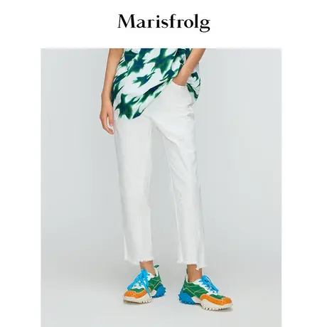 玛丝菲尔2022春夏弹力破坏白色显瘦牛仔九分休闲裤商品大图