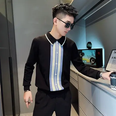 polo领毛衣男冬季个性条纹修身青少年针织衫原宿网红潮牌学生体恤商品大图