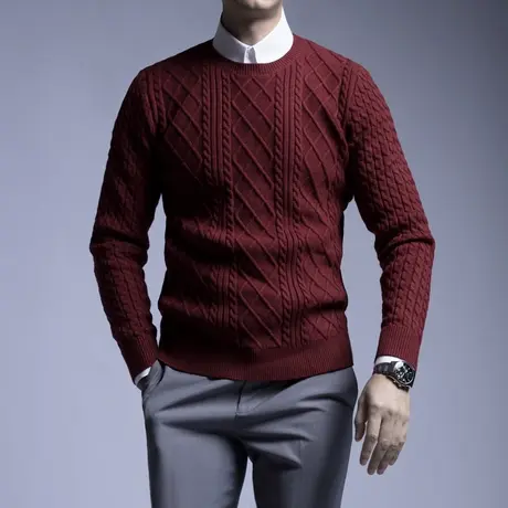 seno秋冬季男长袖毛衣韩版商务修身保暖套头圆领酒红色毛衣图片