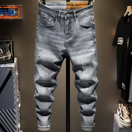 夏季薄款灰色牛仔裤男修身小脚九分裤子男百搭新款男士韩版潮流裤图片