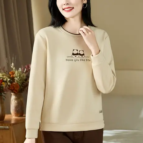 正肩圆领卫衣女春秋2024年新款时尚熊猫图案休闲上衣长袖t恤衫棉商品大图