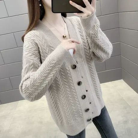 V领毛衣女外套2025春季新韩版针织衫女纯色麻花开衫百搭外穿上衣商品大图