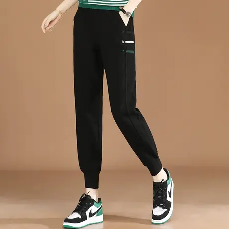 韩潮袭人松紧腰刺绣黑色运动裤子女春秋2023新款宽松哈伦休闲卫裤图片