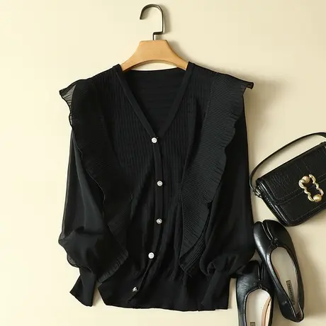 春装2024年新款雪纺袖冰丝针织假开衫女上衣宽松蕾丝打底衫女洋气图片