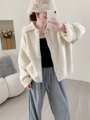 日系软糯圈圈纱翻领毛衣开衫女秋冬新款宽松小个子针织外套上衣潮商品大图