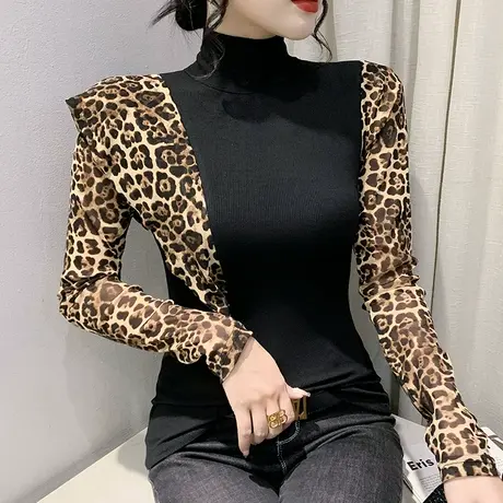 半高领打底衫女春秋2024新款时尚豹纹T恤内搭长袖荷叶边洋气上衣图片