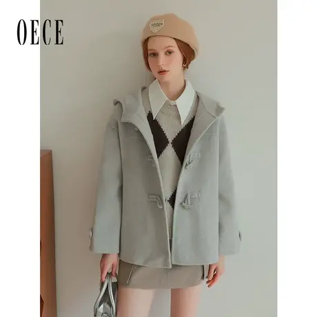 Oece复古牛角扣呢大衣2024春冬季新款双面呢子外套小个子短款图片