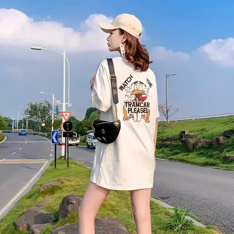 白色短袖t恤女2023年新款夏季设计感小众宽松大版中长款纯棉上衣图片