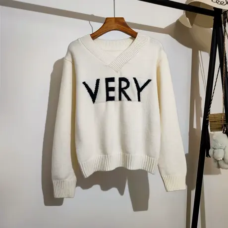 学院风毛衣女宽松套头秋冬新款字母提花打底内搭长袖针织上衣外穿商品大图