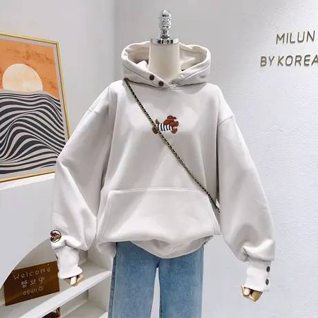 insI甜美日系学院风外套~2023秋冬新款刺绣狗加绒连帽半高领卫衣图片