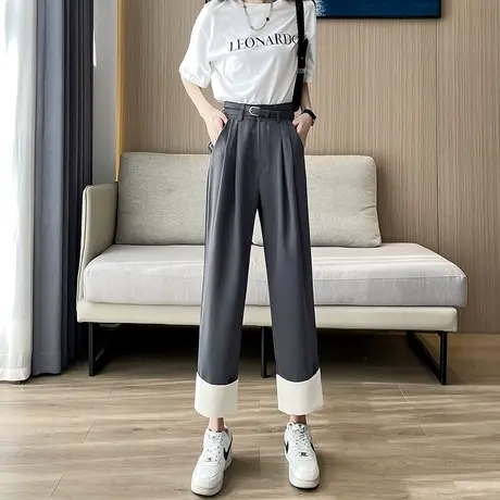 九分撞色挽边直筒高腰阔腿裤女高级感夏季薄小个子休闲垂感西装裤商品大图