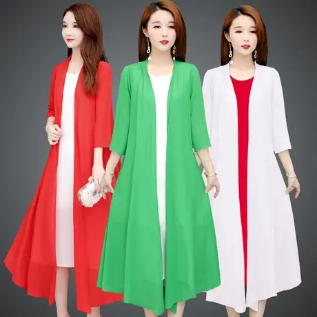 雪纺纯色开衫女中长款夏季薄款防晒衣七分袖外搭空调衫披肩外套商品大图