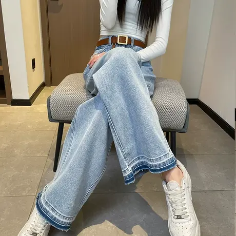 毛边阔腿牛仔裤女2023年春秋新款高腰显瘦浅色垂感大码宽松直筒裤商品大图