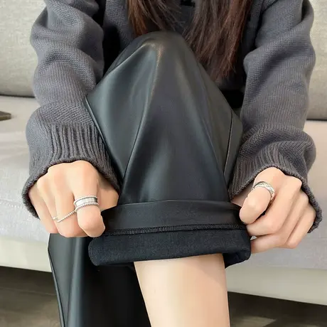 黑色皮裤女2023新款秋冬女裤显瘦裤子宽松休闲裤小个子九分哈伦裤图片