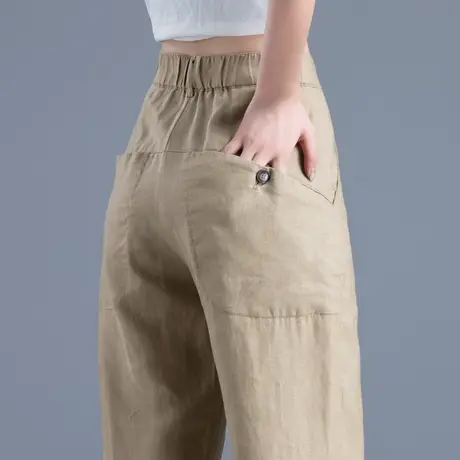 纯亚麻裤子女2024新款卡其色宽松哈伦裤女夏季薄款冰丝女裤棉麻裤图片