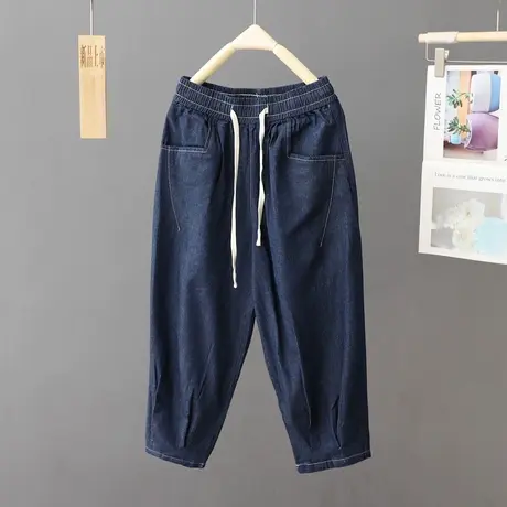 2024夏季新款休闲高腰牛仔七分裤女松紧腰灯笼裤子宽松显瘦哈伦裤商品大图