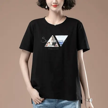 短袖t恤女夏季新款加肥加大码女装宽松中年妈妈纯棉印花圆领体恤商品大图