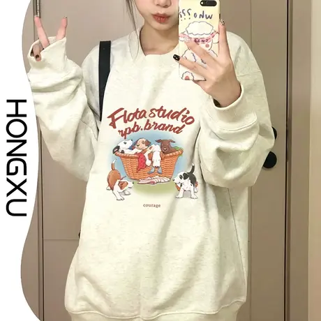 红续日系趣味印花圆领卫衣女2023冬季新款百搭显瘦加厚上衣长袖图片