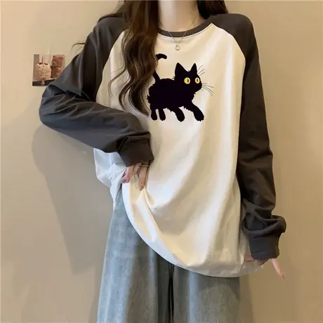 拼接撞色插肩长袖T恤女秋冬德绒外穿打底衫宽松休闲加绒加厚上衣商品大图