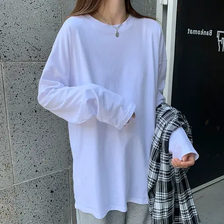 2024年早秋季新款春秋打底衫宽松港味白色长袖t恤女装潮ins上衣服图片