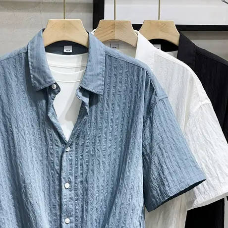 肌理感衬衫男短袖夏季冰丝轻熟风男装高级感垂感五分中袖衬衣外套商品大图