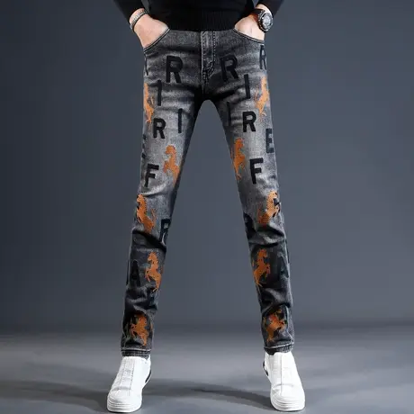 高端刺绣牛仔裤男款2023新款修身小脚裤秋冬款潮流弹力男装裤子商品大图