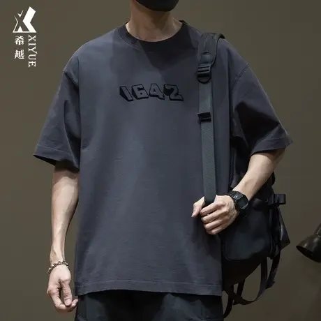 希越小圆领数字印花t恤男短袖250g重磅纯棉夏季大码男生半袖体恤商品大图