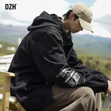 男生黑色连帽飞行员夹克外套男秋季潮牌户外运动冲锋衣2023年新款商品大图