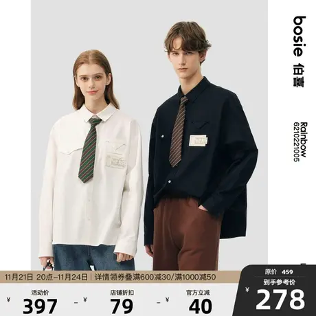 bosie2024年春季新款长袖衬衫男情侣复古学院风领带外套宽松潮图片