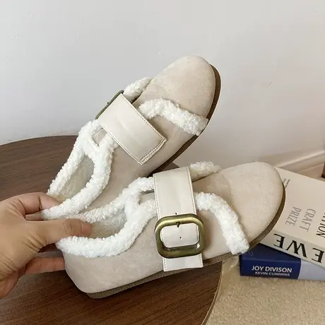 文艺复古加绒勃肯鞋女2023年冬季新款小金扣平底毛毛鞋羊羔毛棉鞋商品大图