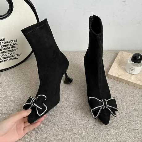 靴子女2023新款秋冬季气质绒面高跟鞋蝴蝶结小个子显瘦法式马丁靴图片