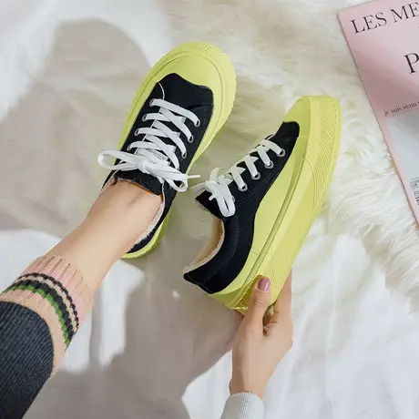 二棉帆布鞋女2021年冬季新款学生板鞋潮ins女白色港味复古休闲鞋商品大图