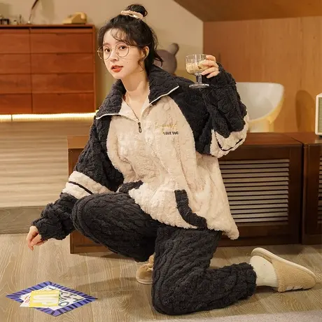 珊瑚绒睡衣女秋冬冬季法兰绒加绒加厚套装拉链冬款家居服2023新款图片