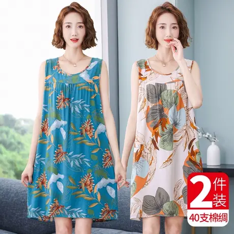 中年妈妈睡裙女夏大码薄老年人造棉夏季新款纯棉绸睡衣居家服裙子商品大图