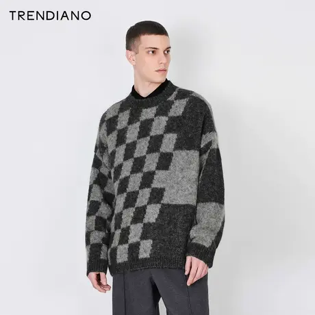 TRENDIANO官方羊驼毛像素格毛衣2023年冬季新款宽松休闲毛织衫男商品大图