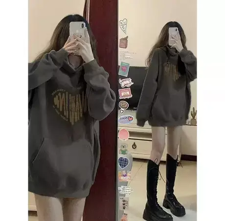 深灰色爱心重磅连帽卫衣加绒爆款通勤复古大版型宽松休闲长袖卫衣商品大图