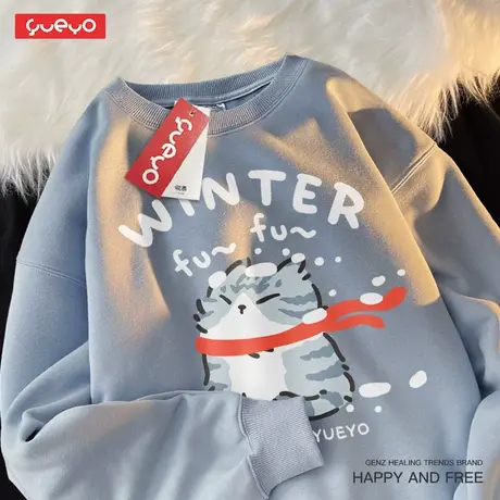 悦游 下雪美短 猫咪雪天冬季加绒套头卫衣男可爱小众设计感图片