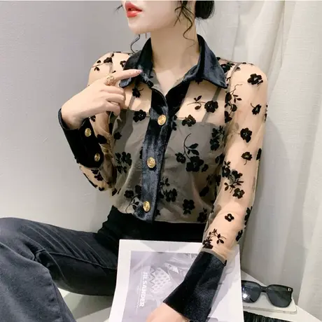 欧货时尚气质碎花打底衫网纱POLP领微透长袖衬衫女修身显瘦上衣潮商品大图