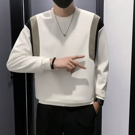 拼接撞色宽松卫衣男春秋季2023新款休闲小众打底长袖T恤上衣男装商品大图