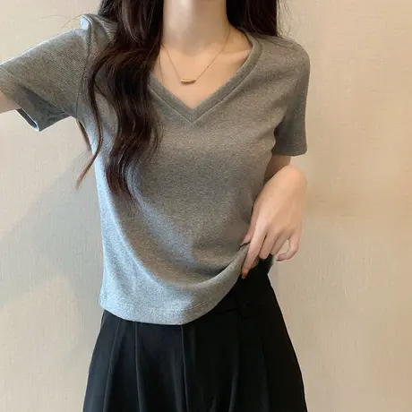 纯色别致百搭V领短袖上衣女夏季新款时尚简约短款t恤纯棉打底衫潮商品大图