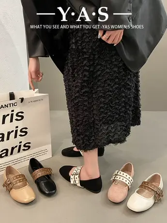 时尚玛丽珍单鞋女2024春季新款平底百搭法式气质双排扣小皮鞋潮商品大图