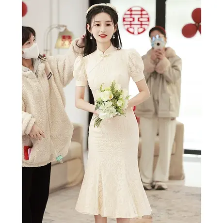 白色鱼尾旗袍敬酒服2023新款新娘订婚礼服女夏季登记领证小白裙商品大图