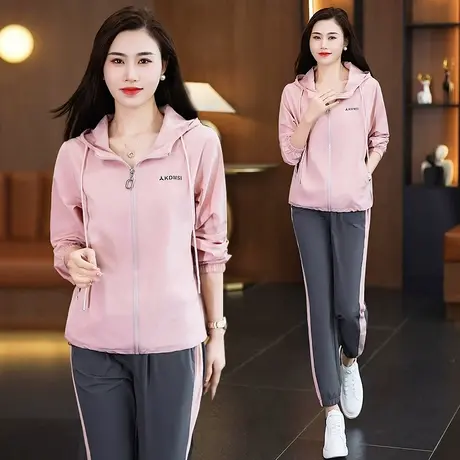 梭织休闲运动服套装女2024年春秋新款时尚宽松薄款卫衣外套两件套图片