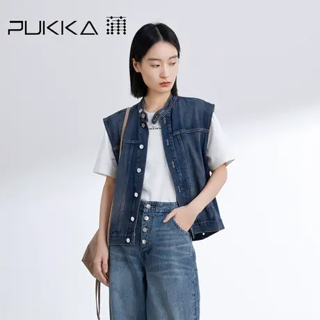 蒲PUKKA 牛仔马甲女2024早春新品帅气小立领阔肩复古摩登马夹商品大图