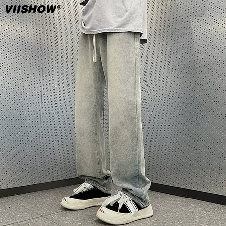 VIISHOW宽松牛仔裤男复古阔腿直筒裤春季潮流美式做旧休闲长裤商品大图