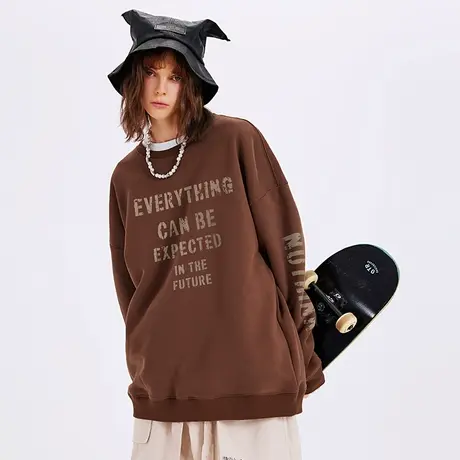 美式oversize无帽宽松棕色字母卫衣男潮冬季大码加肥加大男款上衣商品大图