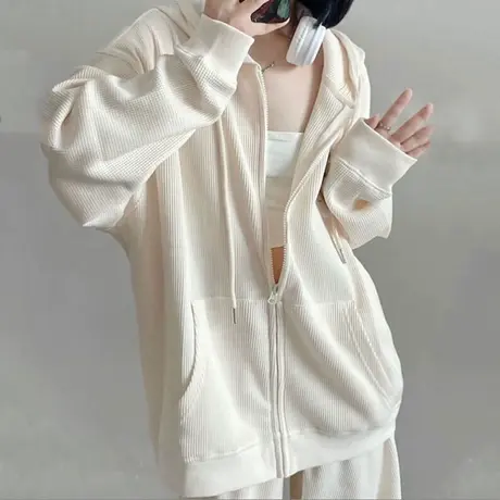 高级感华夫格开衫卫衣外套女早春秋季韩版宽松显瘦百搭连帽上衣服商品大图